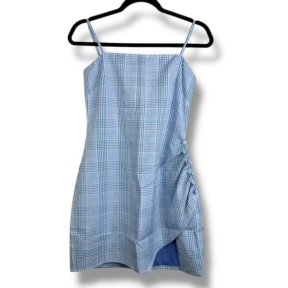 Lovers and Friends NWT Revolve Ellis Baby Blue Plaid Button Mini Dress Small - Picture 1 of 8